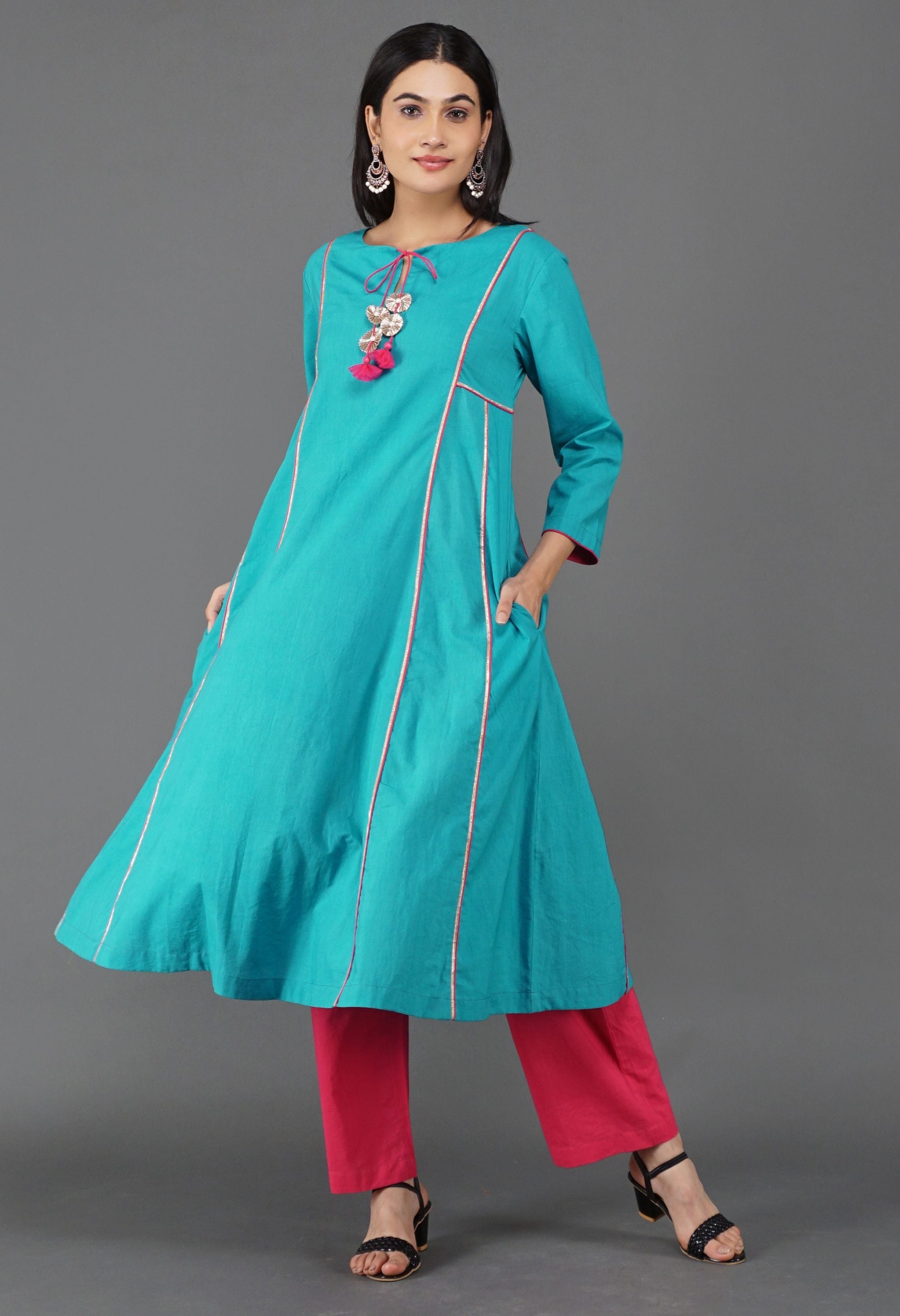 Aqua Blue Cotton Kurta Set | Aqua Blue Kurta Set For Women